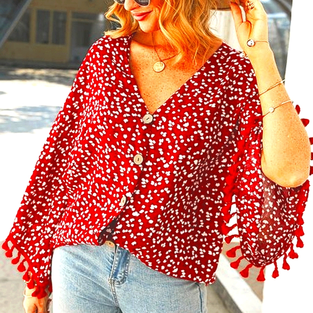 Gaovot Wine Red ❣️& White 💮Fringe Dolman Sleeve💜 Top🐰